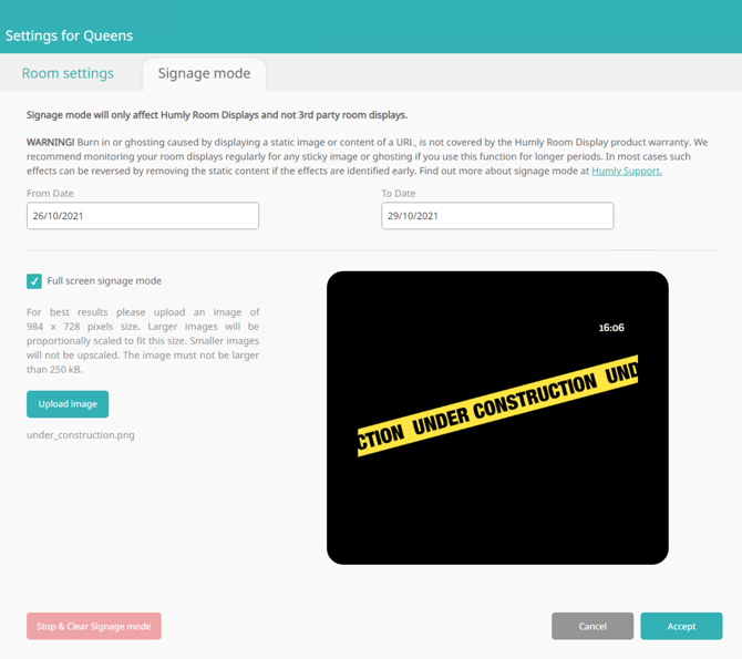 Upload image for full screen signage