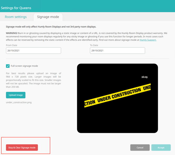Stop and Clear Signage Mode button