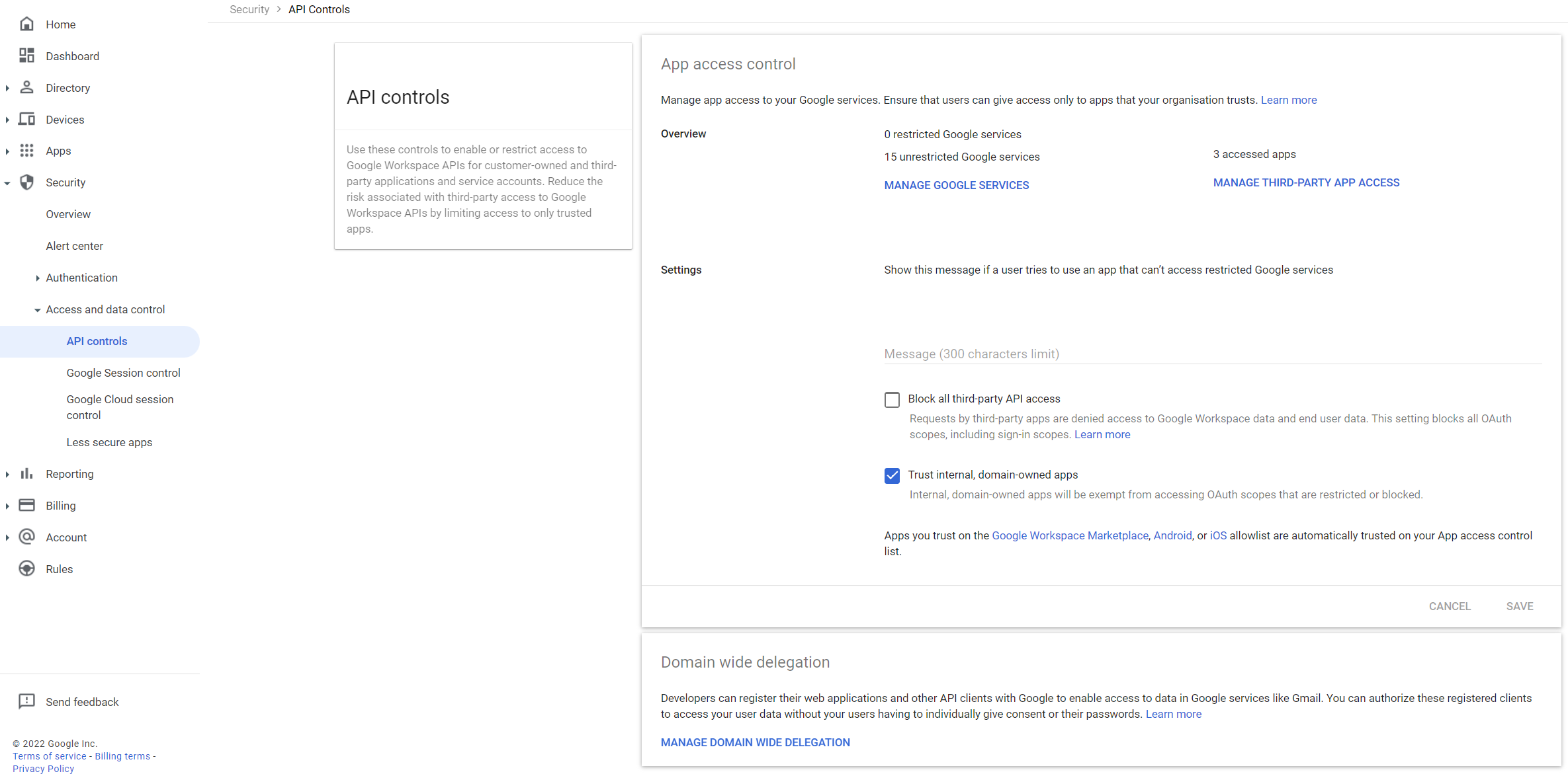 API controls in Google Admin