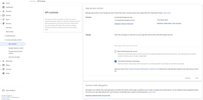 API controls in Google Admin