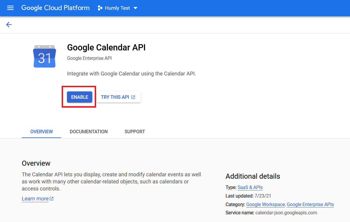 Enable Google Calendar API