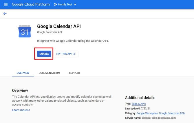 Enable Google Calendar API