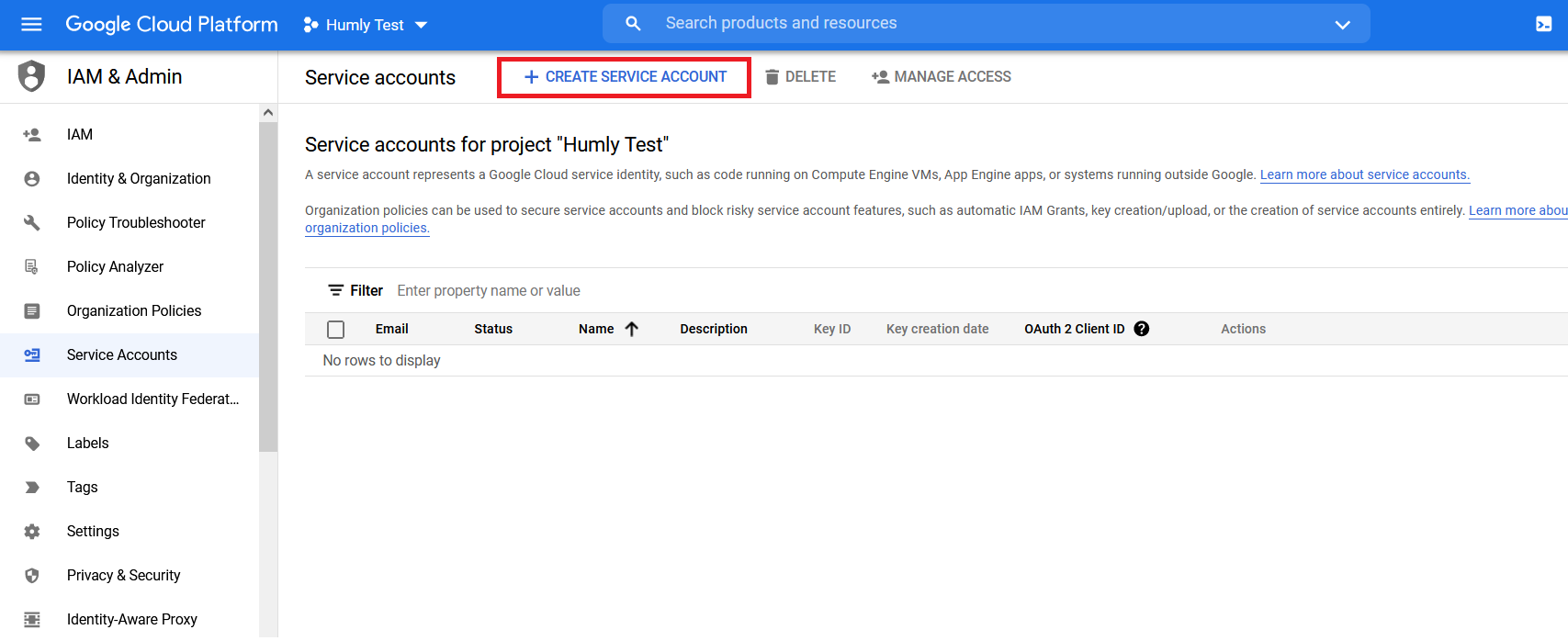 Create Service Account