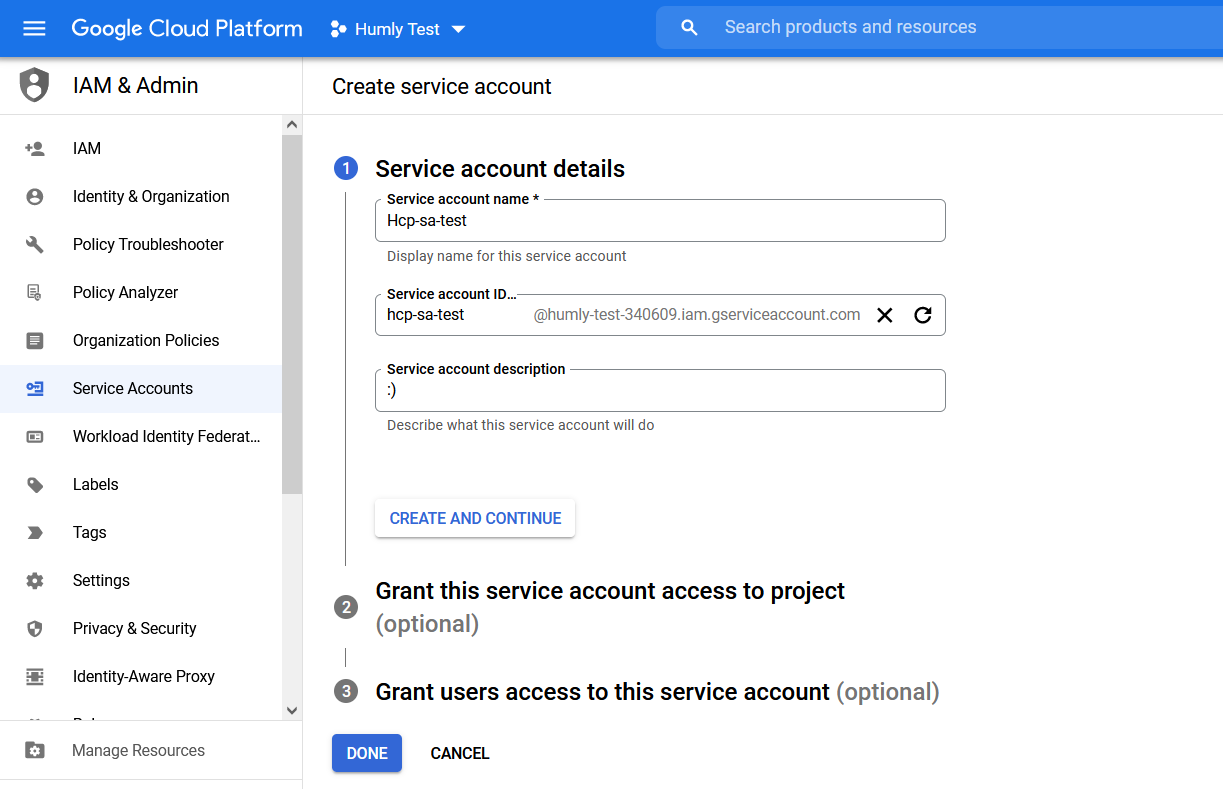 Fill in service account details