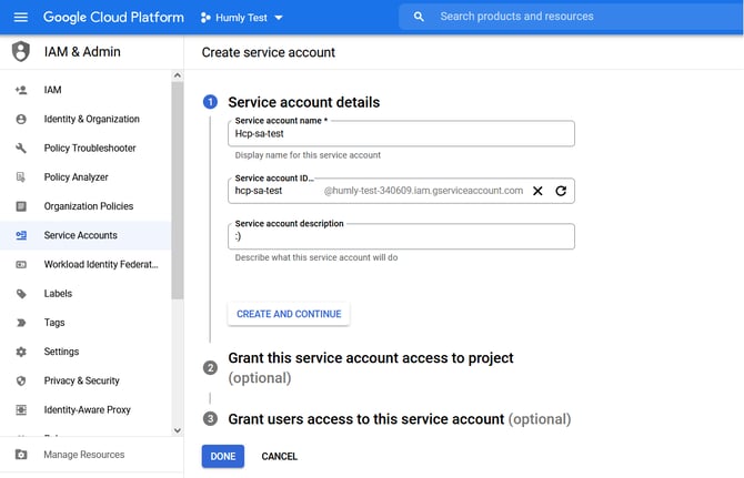 Fill in service account details
