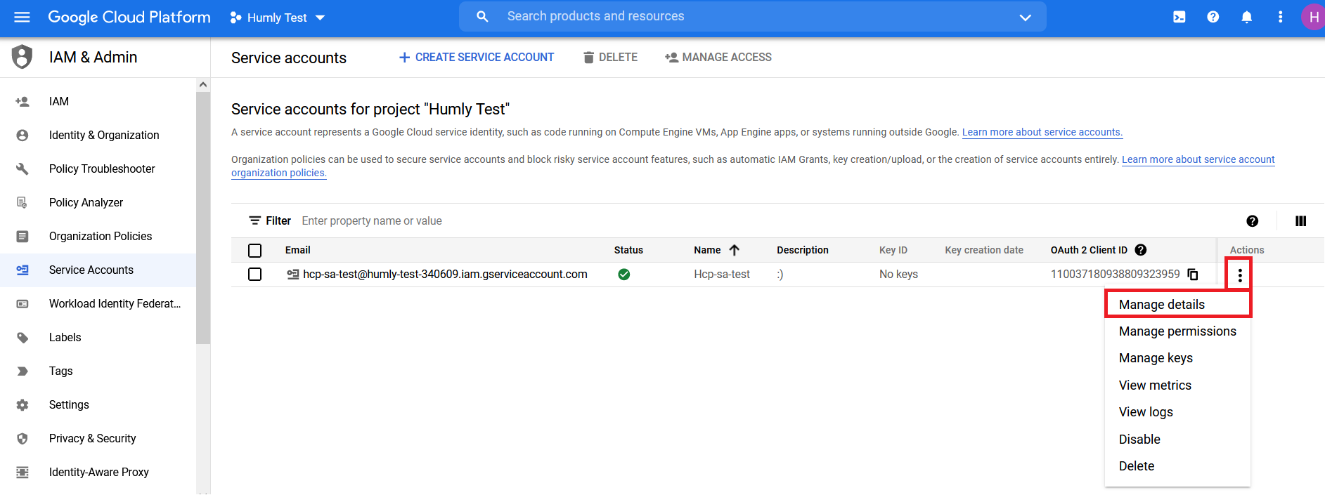 Service account ready, click Manage Details