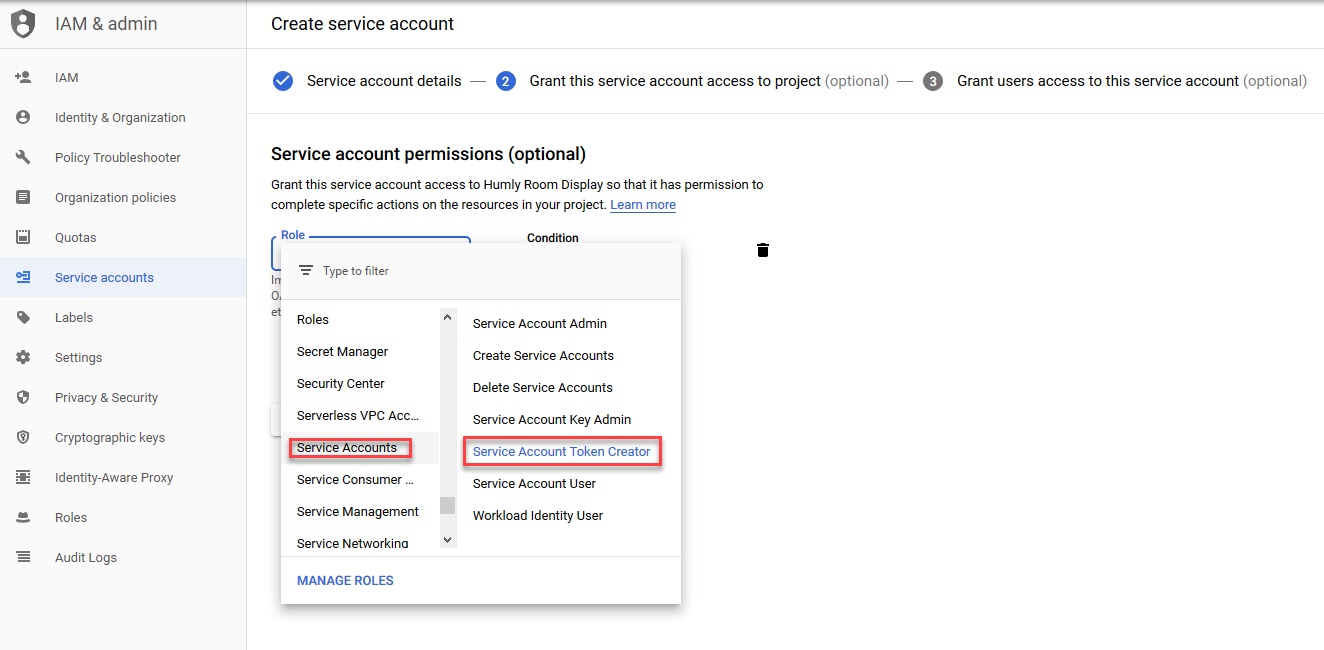 Assign Service Account Token Creator role