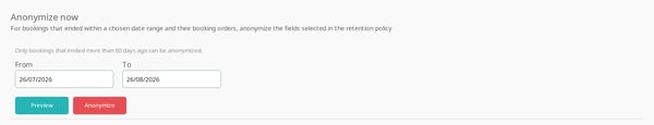 The Anonymize now section with From and To dates, Preview and Anonymize