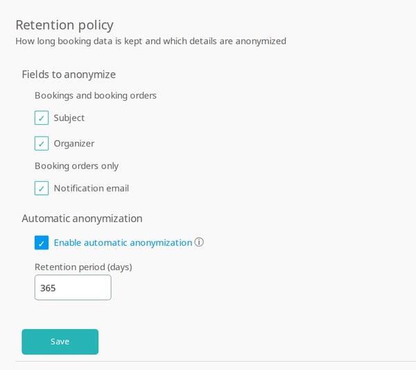 The Retention policy section with all three fields selected, automatic anonymization enabled and a retention period of 365 days