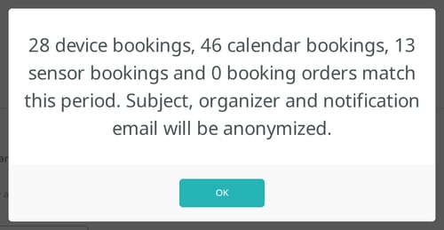 Preview result: 28 device bookings, 46 calendar bookings, 13 sensor bookings and 0 booking orders match this period