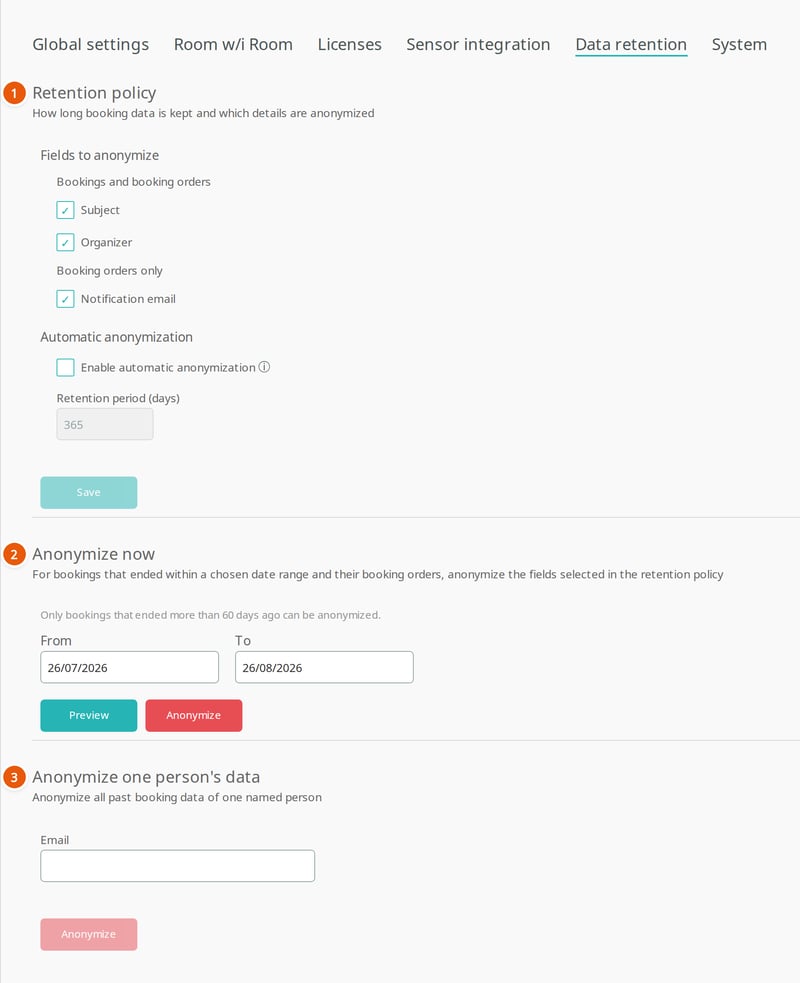 The Data retention tab with numbered callouts on Retention policy, Anonymize now and Anonymize one person's data
