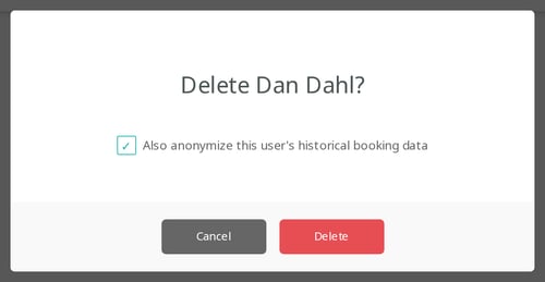 The Delete user dialog with Also anonymize this user's historical booking data selected