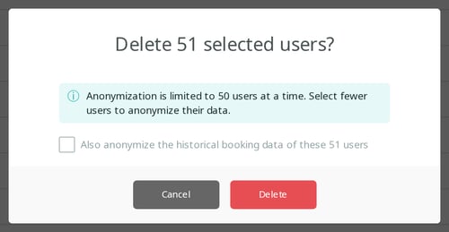 Delete 54 selected users, with the note that anonymization is limited to 50 users at a time and the option turned off