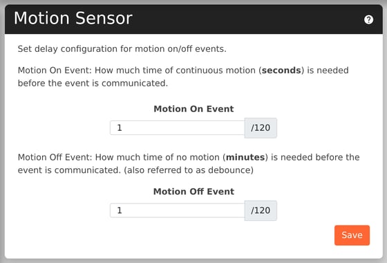The Atlona Motion Sensor settings with Motion On Event and Motion Off Event