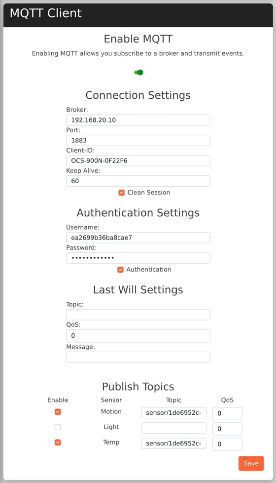 The Atlona MQTT Client settings filled in for Humly Sensor Gateway