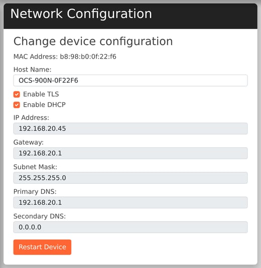 The Atlona Network Configuration page with host name, DHCP, IP address, gateway, subnet mask and DNS fields