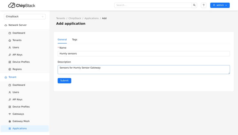 The ChirpStack Add application form with the name Humly sensors