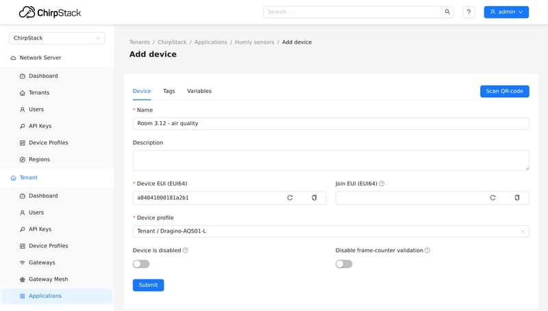 The ChirpStack Add device form with name, Device EUI and device profile filled in