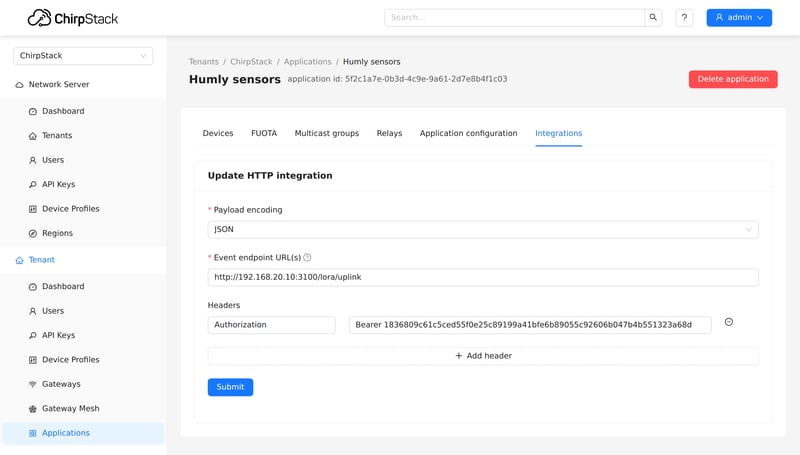The ChirpStack HTTP integration form with JSON encoding, the HSG webhook address and the Authorization header