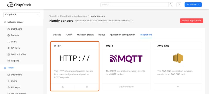 The ChirpStack Integrations tab with the HTTP card highlighted
