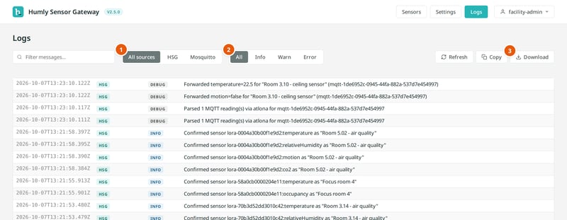 The Logs page with numbered callouts on the source filter, level filter and Download button