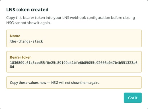 The LNS token created dialog showing the token name and the bearer token