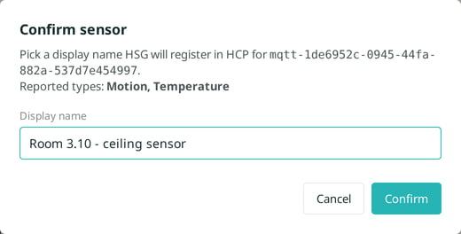 The Confirm sensor dialog with a display name field
