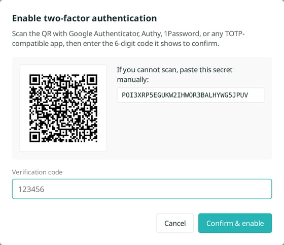 The Enable two-factor authentication dialog with a QR code and a verification code field