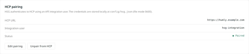 The HCP pairing panel showing the HCP URL, integration user and Paired status