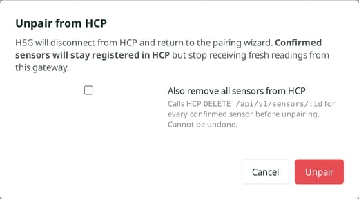 The Unpair from HCP dialog with the option to also remove all sensors from HCP