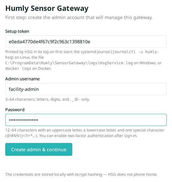 The HSG create-admin screen with the setup token, admin username and password fields