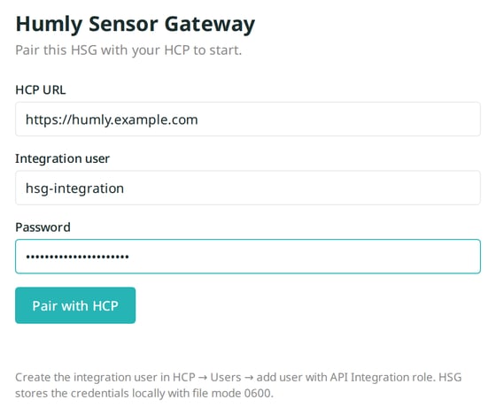 The HSG pairing screen with HCP URL, integration user and password