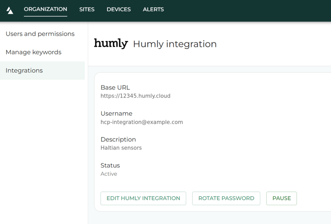 The Humly integration in Haltian IoT Studio with its Base URL, username, description, status and buttons