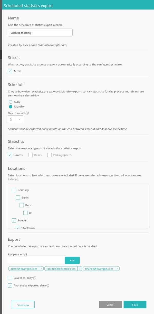 The Scheduled statistics export form for a monthly schedule on the 2nd, with rooms, Sweden selected and three recipients