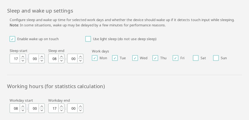 Sleep and wake up settings with sleep start 17:00, sleep end 08:00 and work days, and working hours 08:00 to 17:00