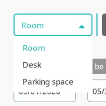 The resource type list with Room, Desk and Parking space