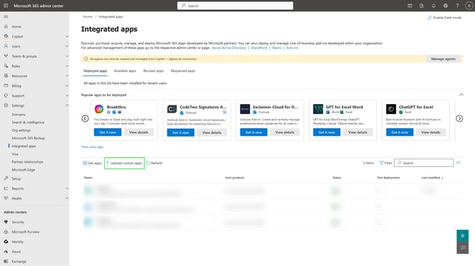Microsoft 365 Admin Center - Settings - Integrated Apps - Upload custom apps.png