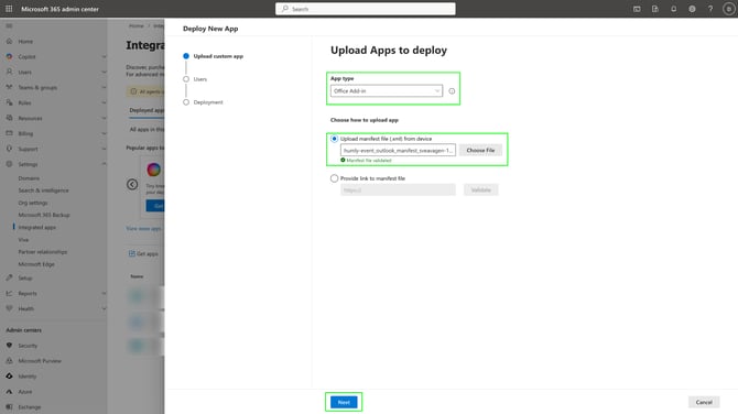 Microsoft 365 Admin Center - Settings - Integrated Apps - Upload custom apps - Step 1.png