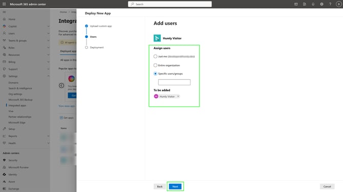 Microsoft 365 Admin Center - Settings - Integrated Apps - Upload custom apps - Step 2 - Users.png