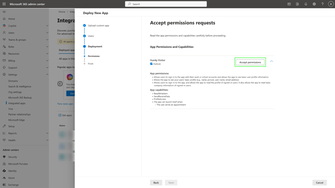 Microsoft 365 Admin Center - Settings - Integrated Apps - Upload custom apps - Step 3 - Deployment - Accept permissions request.png