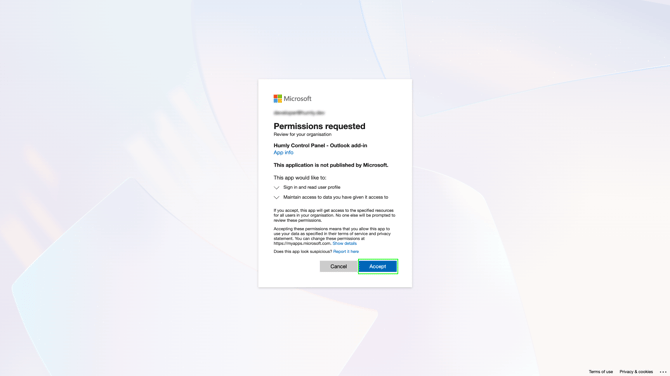 Microsoft 365 Admin Center - Settings - Integrated Apps - Upload custom apps - Step 3 - Deployment - Accept permissions request - Approve permissions.png