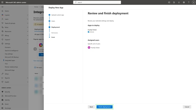 Microsoft 365 Admin Center - Settings - Integrated Apps - Upload custom apps - Step 3 - Deployment - Accept permissions request - Review and Finish.png