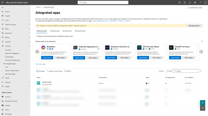 Microsoft 365 Admin Center - Settings - Integrated Apps - Upload custom apps - Step 3 - Deployment - Accept permissions request - Deployed Apps.png