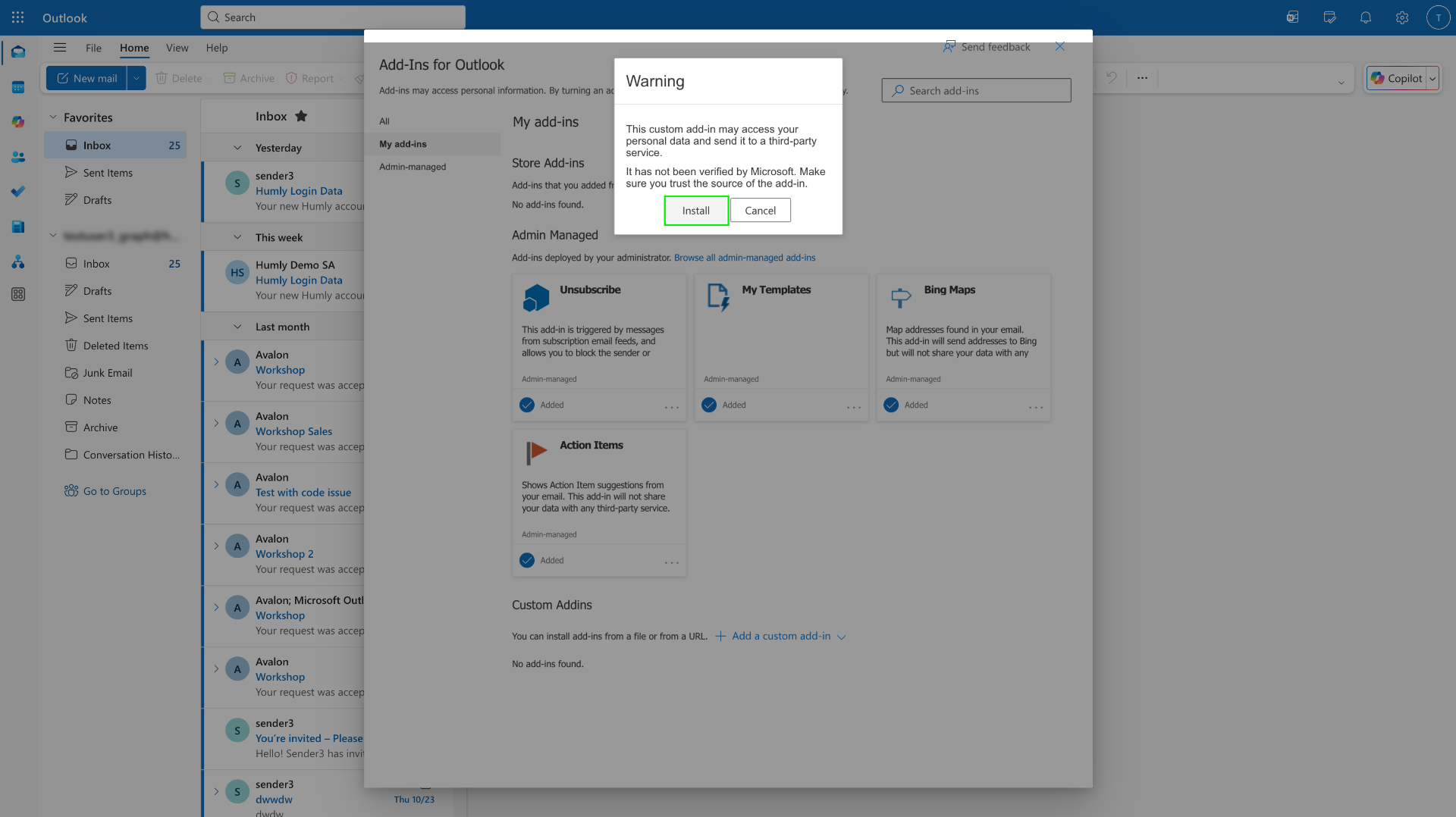 deploying an app: Step 3A - Deploy the Outlook add-in (Local)